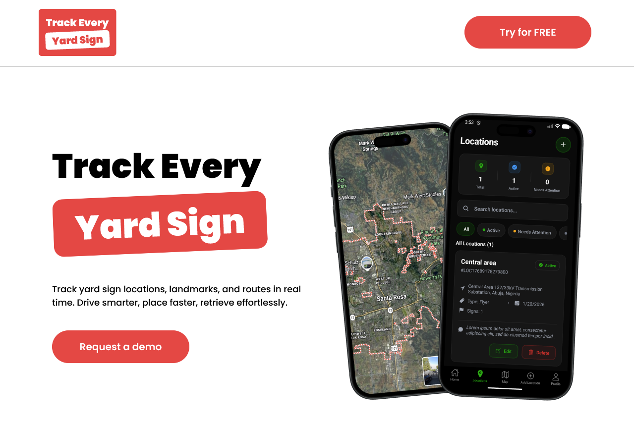 track every yard sign SASS Web App design mockup
