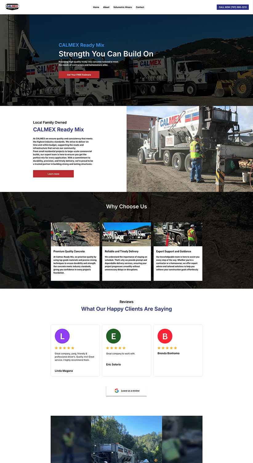 calmex concrete delivery company website design